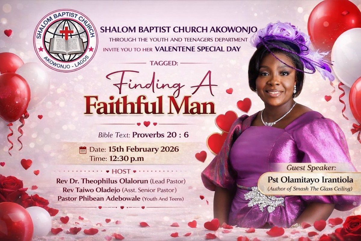 Trusting God to lead us in this discussion at Shalom Baptist Church, Akowonjo.
 
Topic:Finding a Faithful Man/Woman

You are warmly invited to join us if you are around the axis

Kindly check the flier for full details.