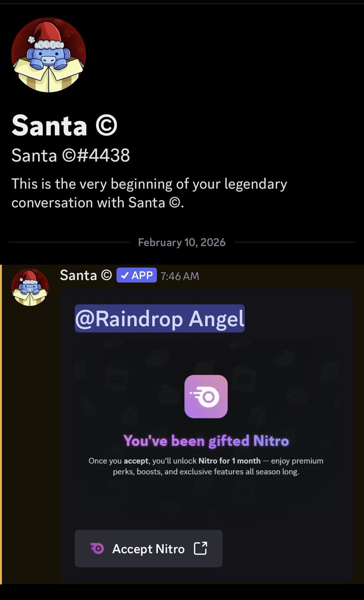 Got a message from a fake Santa bot claiming they’re giving me nitro. I don’t even want to support discord rn. 🤦‍♀️

Beware of this hacker guys! Don’t trust it!