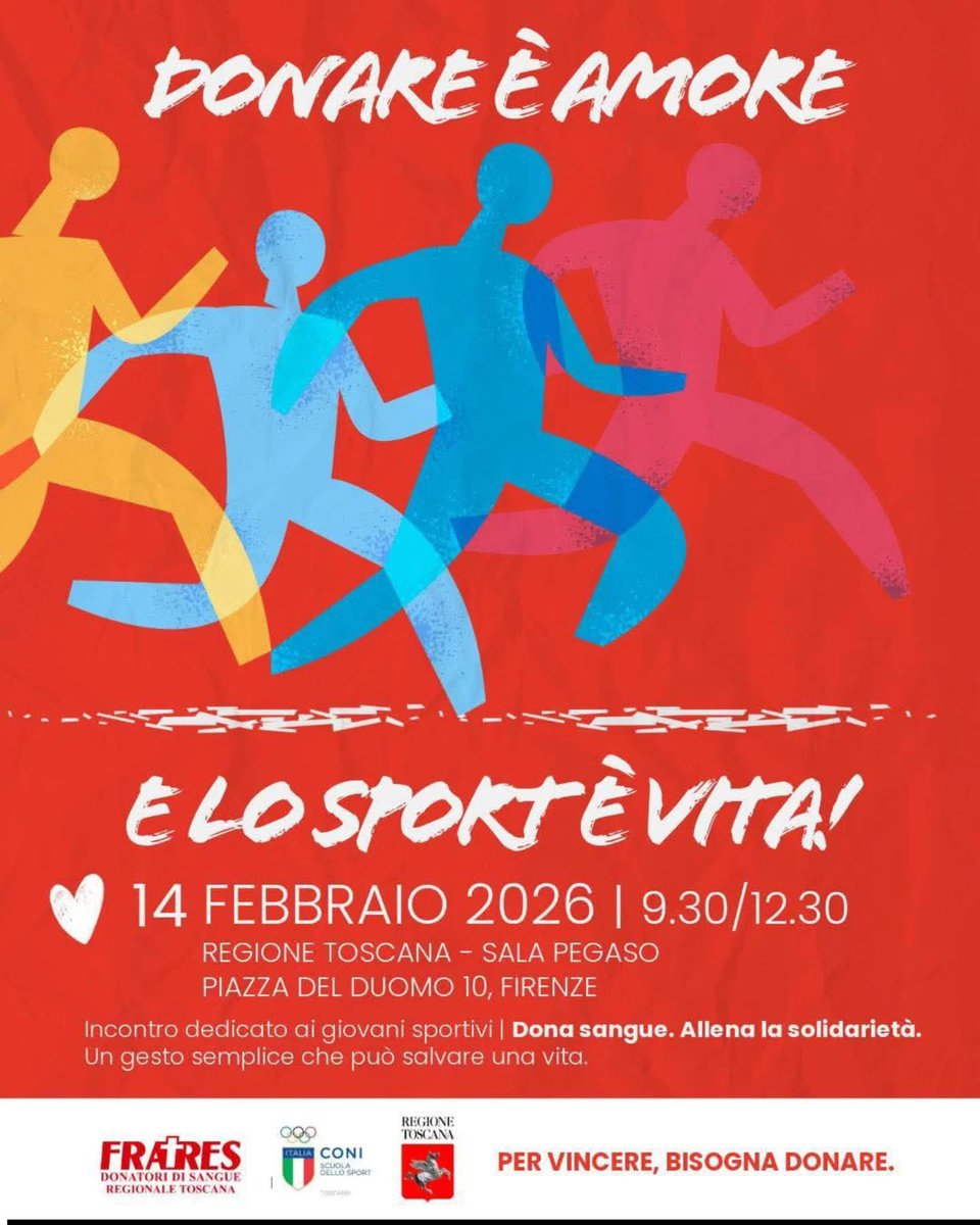 Sabato 14, a Firenze, in Regione Toscana, lo sport testimonia l’importanza della donazione di sangue e plasma.

Un incontro promosso da Fratres Toscana e CONI per sensibilizzare atleti, tecnici e dirigenti sui valori della salute, della solidarietà e degli stili di vita corretti