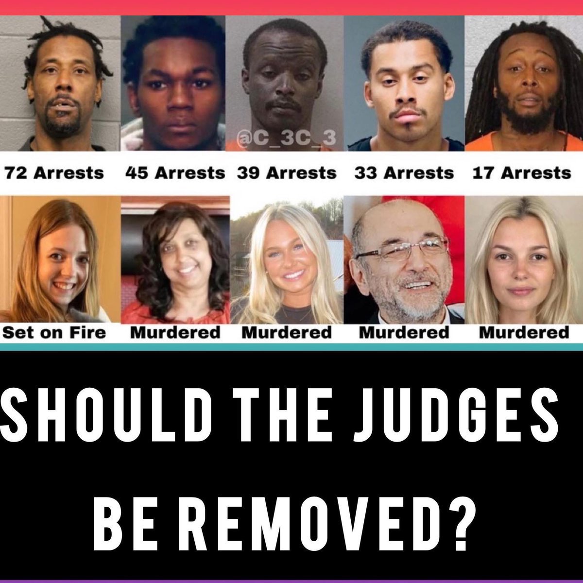 Should the Judges who allowed -  be removed??  

Decarlos Brown
17 arrests
Killed Iryna Zarutska

David Mazariegos
33 arrests 
Killed Nicola Tanzi

Alexander Dicky
39 arrests
Killed Logan Frederico

Timothy Bohler
45 arrests
Killed Lelawattie Narine

Lawrence Reed
72 arrests