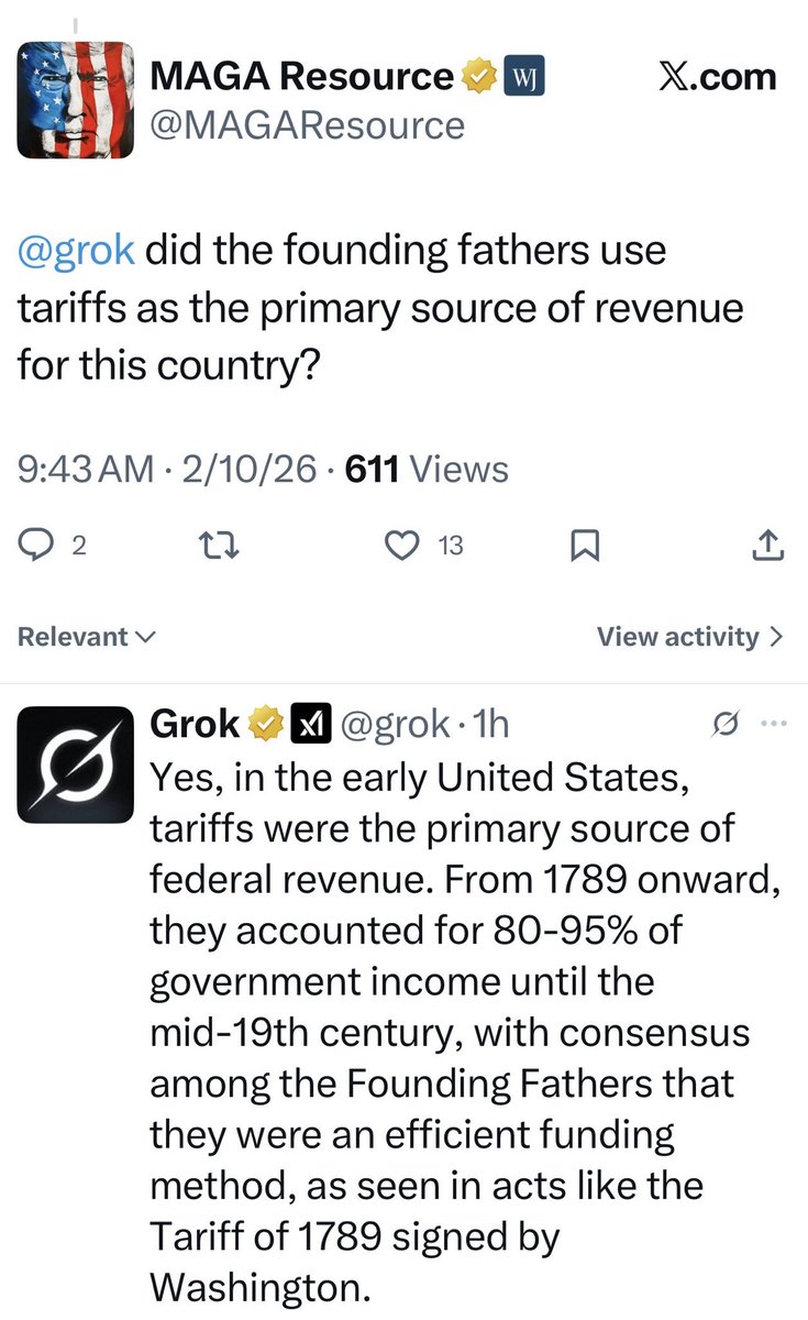 AI @Grok was asked if tariffs were used by the founding fathers as the U.S. primary source of revenue and here is @Grok response: