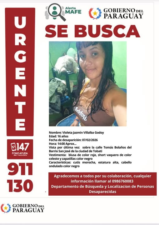 📌Ante cualquier información, contactar con el Departamento Especializado en Búsqueda y Localización de Personas Desaparecidas al 130 o al 911 de la Policía Nacional del Paraguay.
𝗧𝘂 𝗮𝘆𝘂𝗱𝗮 𝗽𝘂𝗲𝗱𝗲 𝗺𝗮𝗿𝗰𝗮𝗿 𝗹𝗮 𝗱𝗶𝗳𝗲𝗿𝗲𝗻𝗰𝗶𝗮
<a href="/MDI_Paraguay/">Ministerio del Interior - Paraguay</a>
