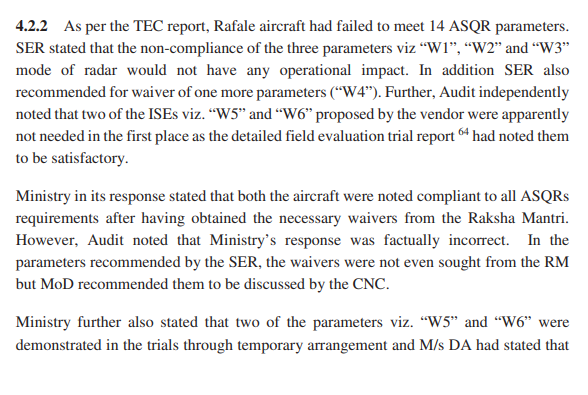 Indrani1_Roy's tweet image. 1. Did Rafale meet the MMRCA ASQR?

No, in 14 parameters.

Solution: We changed the ASQR!

The remaining became the the basis for "India Specific Enhancements". We paid $1.8 billion dollars for them!

What do we do to ours?!