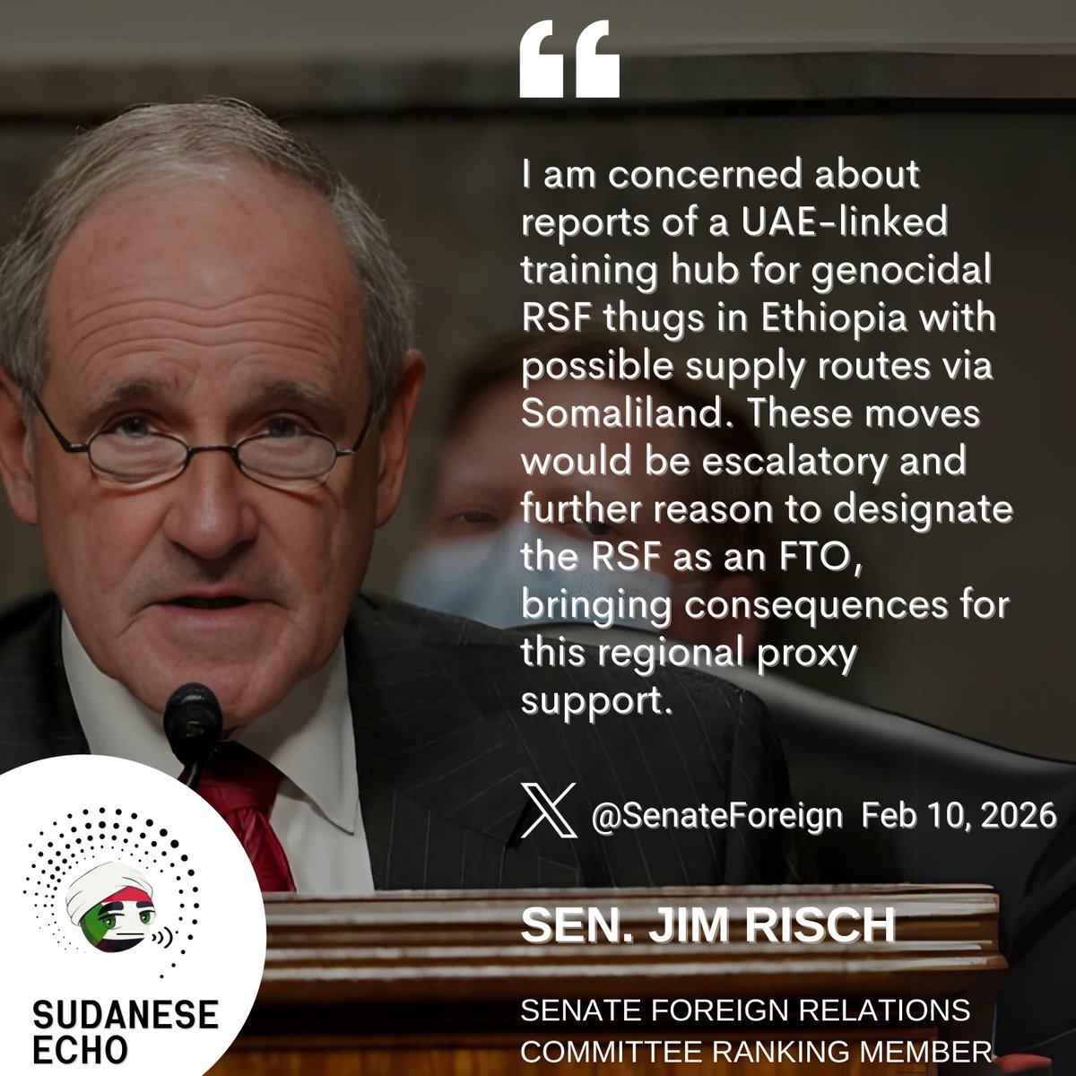 US Senate Chairman Warns of UAE-linked Training Hub for Rapid Support Militia in Ethiopia and Calls for Terrorist Designation

The Chairman of the United States Senate Foreign Relations Committee, Senator Jim Risch, has issued a strong warning about new reports indicating the