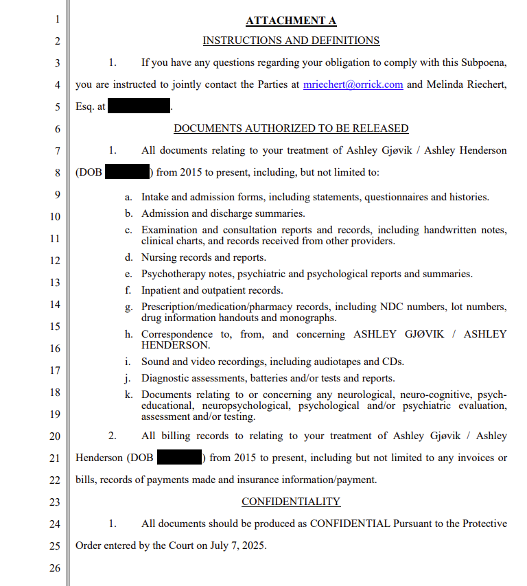 This is a copy of part of the subpoena Apple is sending to all of my doctors and medical providers demanding ten years of records &amp; asking a court to compel me to "consent" to waiving my HIPAA rights, while concurrently claiming my testimony about my own menstruation is their IP.