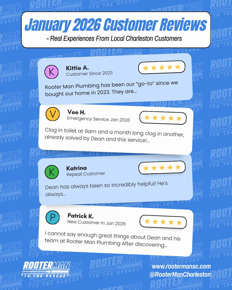 RooterManSC's tweet image. Kicking off 2026 with feedback from our January customers ⭐️

We truly appreciate every homeowner who trusted Rooter Man last month. Swipe through to read the full reviews!

#RooterMan #RooterManCharleston #CharlestonPlumber #CharlestonSC #LocalPlumber #CustomerReviews #5Stars