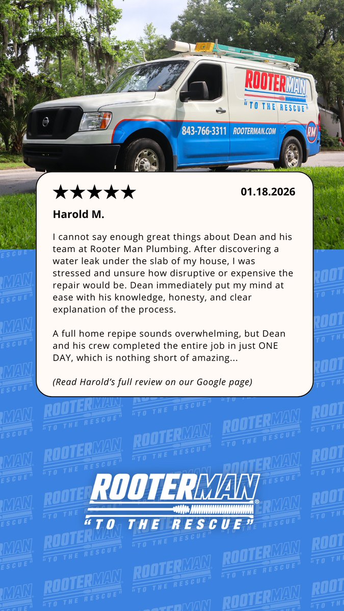 RooterManSC's tweet image. Kicking off 2026 with feedback from our January customers ⭐️

We truly appreciate every homeowner who trusted Rooter Man last month. Swipe through to read the full reviews!

#RooterMan #RooterManCharleston #CharlestonPlumber #CharlestonSC #LocalPlumber #CustomerReviews #5Stars
