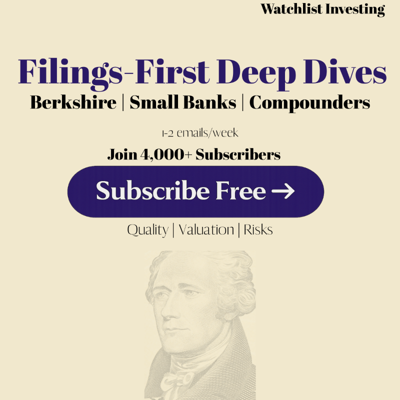 BRK_Student's tweet photo. Filings-first deep dives on Berkshire, small banks, and compounders.

Subscribe for free and get my latest Berkshire Hathaway deep dive.

1–2 emails/week.