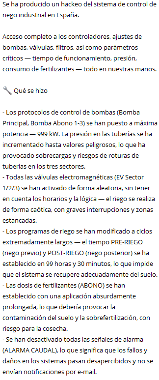 Un grupo ruso afirma haber atacado el sistema de riego de una empresa frutícola de Murcia, haciéndose con su control
No es la primera vez, ya lo hicieron el 7 de este mes con otra
Sirva de aviso