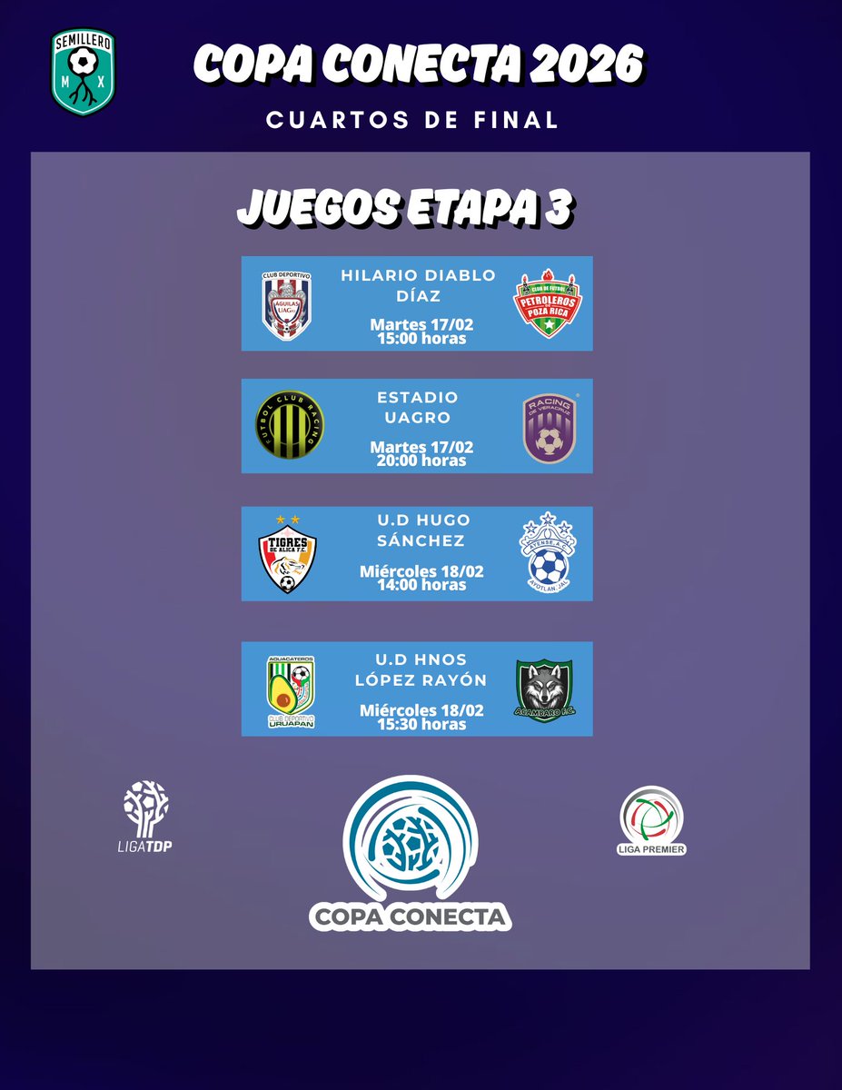 MxSemillero's tweet photo. 📅📌 CADA VEZ MÁS CERCA 🏆

La etapa 3️⃣ de #CopaConecta 2026 dice presente 👋🏻 y los 8️⃣ equipos disputarán un nuevo reto. 

Conoce los horarios ⏰️ para este martes - miércoles de la siguiente semana https://t.co/yGzJGMxHDY