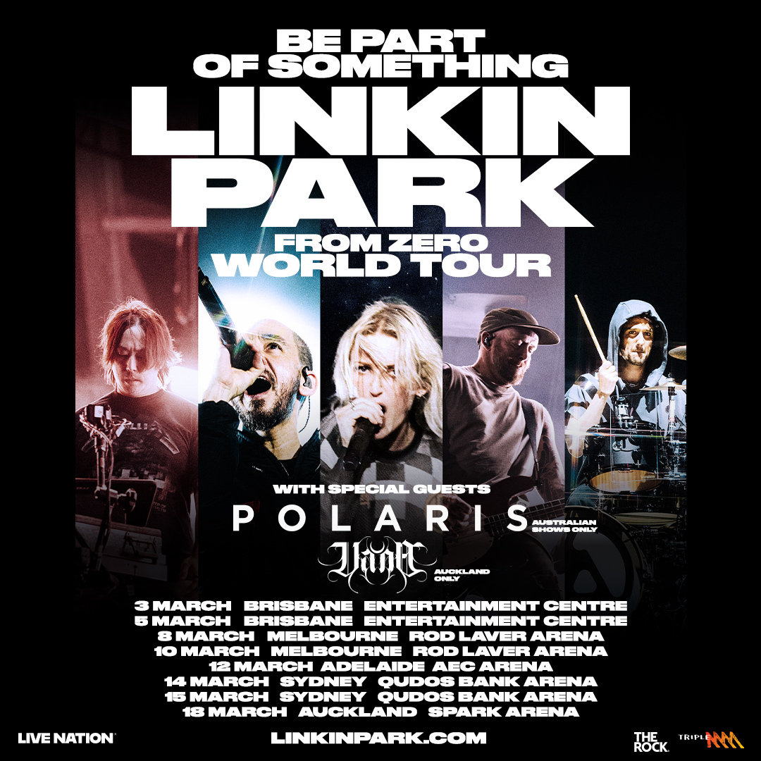 linkinpark's tweet image. We're excited to have @vana__nz join us at our show in Auckland on March 18. In addition, @polarisaus will now also join us at our show in Adelaide. Tickets for our upcoming Australia / New Zealand tour are available now at linkinpark.com/tour. See you soon.
