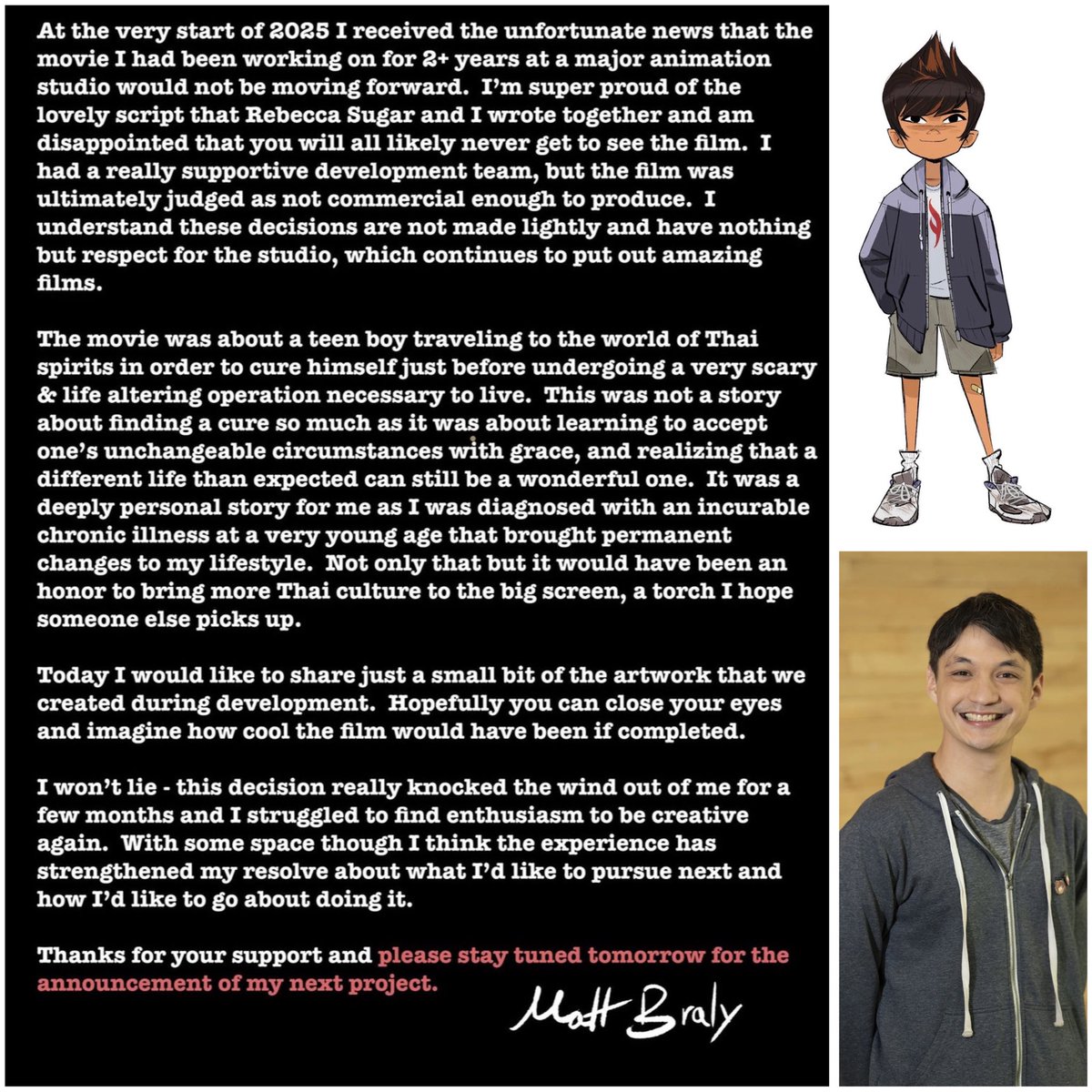 DisneyToonz's tweet photo. Matt Braly says Sony Pictures Animation scrapped his Thai-inspired animated feature after deeming it “not commercial enough to produce.”

He teases a new project announcement tomorrow. https://t.co/DKGgAf7juV