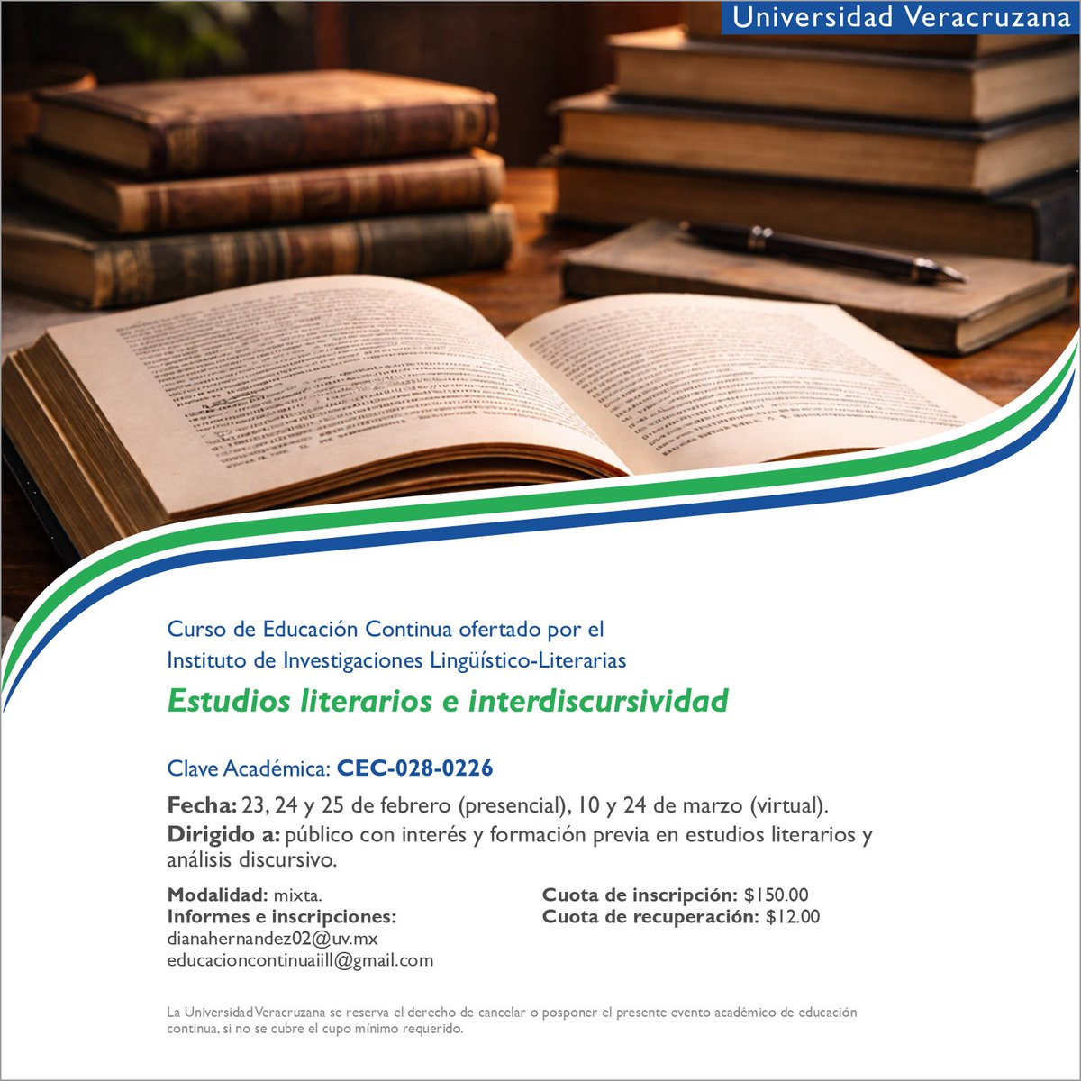 Participa en el curso del Dr. Christian Sperling: “Estudios literarios e interdiscursividad”. 📖

📩 Para más información e inscripciones, contacta a la Dra. Diana Hernández: dianahernandez02@uv.mx

¡Te esperamos!

#Literatura #Curso #UV