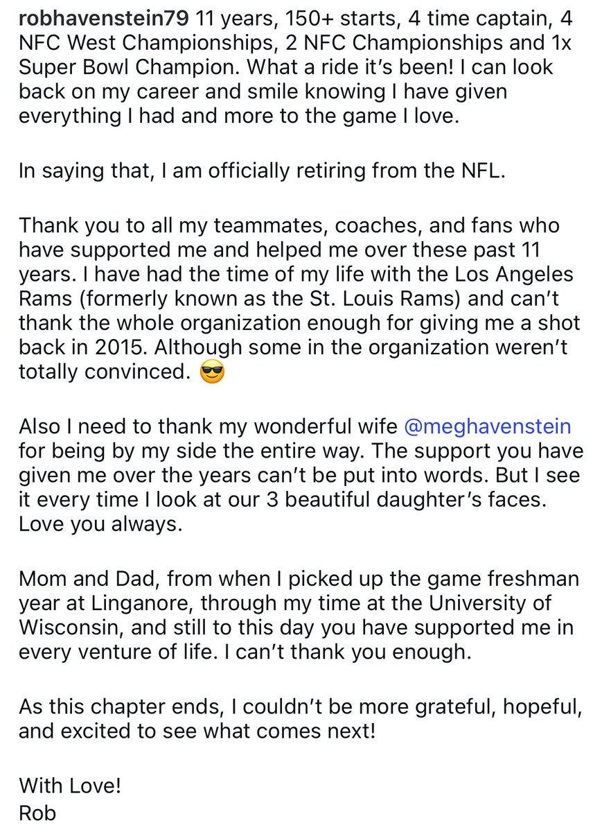 rob havenstein has officially announced he is retiring from the NFL. 

thanks for all the memories, rob. a ram for 11 years! enjoy retirement 💙 #ramshouse