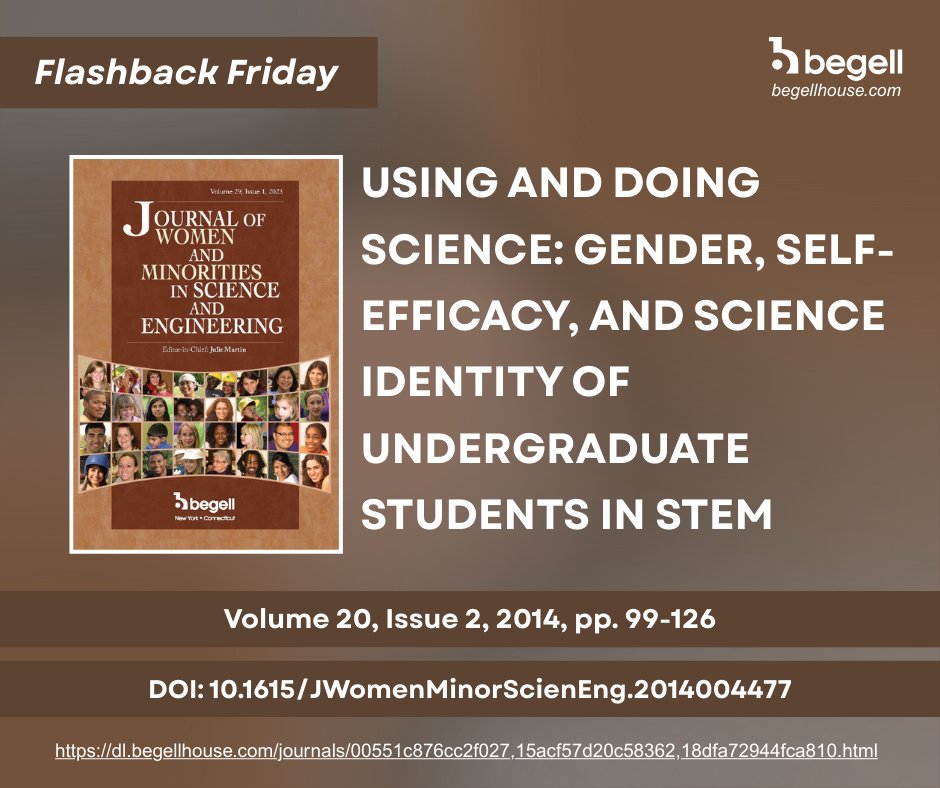 JWomMinSciEngr's tweet image. Flashback Friday: 2014 study of 1,881 STEM students found self-efficacy is the strongest predictor of persistence. Students who see themselves as scientists become scientists. These gendered gaps still echo today. 

Read now: dl.begellhouse.com/journals/00551… 

#WomenInSTEM #STEMEquity