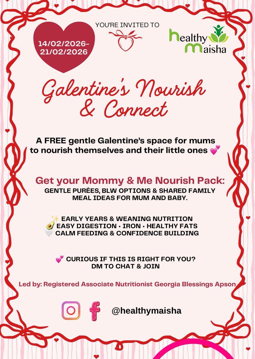 ✨ Galentine’s Nourish &amp; Connect ✨
A gentle space for mums to slow down, connect, and nourish themselves and their little ones 💕

From 14–21 February, join us for a FREE Galentine’s week focused on:
🥑 Early years &amp; weaning nutrition
🤍 Easy digestion, iron &amp; healthy fats
🌱