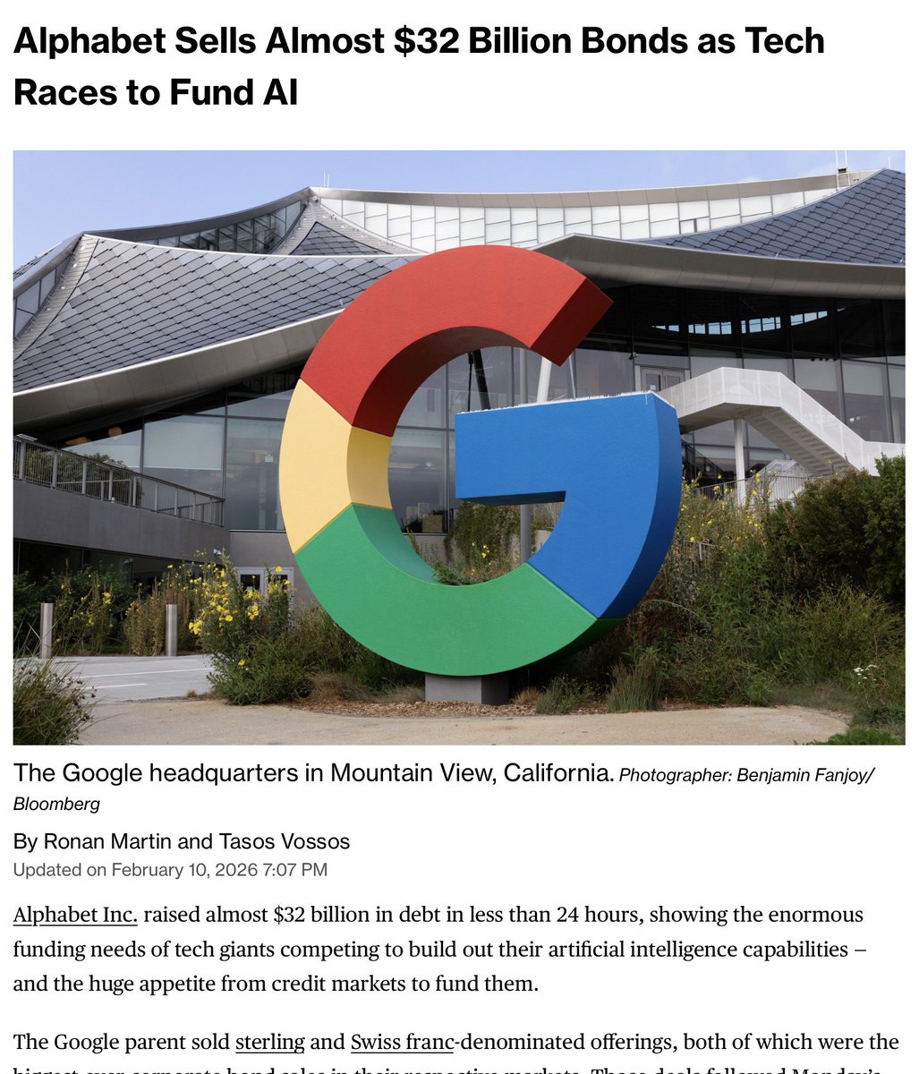 Google bugün 32 Milyar $ borçlanma gerçekleştirdi.

Pazartesi günü de 20 Milyar $ borçlanmıştı.

Yapay zeka alt yapı yatırımları piyasanın tüm nakit kaynaklarını tüketiyor.

Merkez bankası matbaasının çalışmaya başlaması lazım.