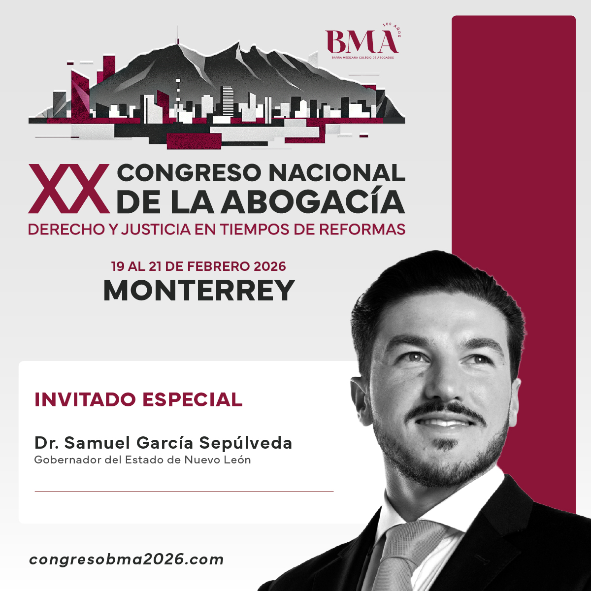 📣 ¡Monterrey será sede del XX Congreso Nacional de la Abogacía!
Del 19 al 21 de febrero de 2026
 Invitado especial:
Dr. Samuel García Sepúlveda, Gobernador del Estado de Nuevo León.
📍 Monterrey, N.L.
🔗 Más información: congresobma2026.com
#samuelgarcia  #Abogacía #Derecho