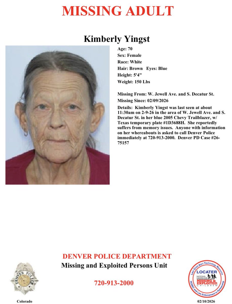 DenverPolice's tweet photo. #MissingPerson - Plz Repost: #Denver, can you help us find 70-year-old Kimberly Yingst? If you see her or know her whereabouts, please call 720-913-2000. https://t.co/dhojhhcoek