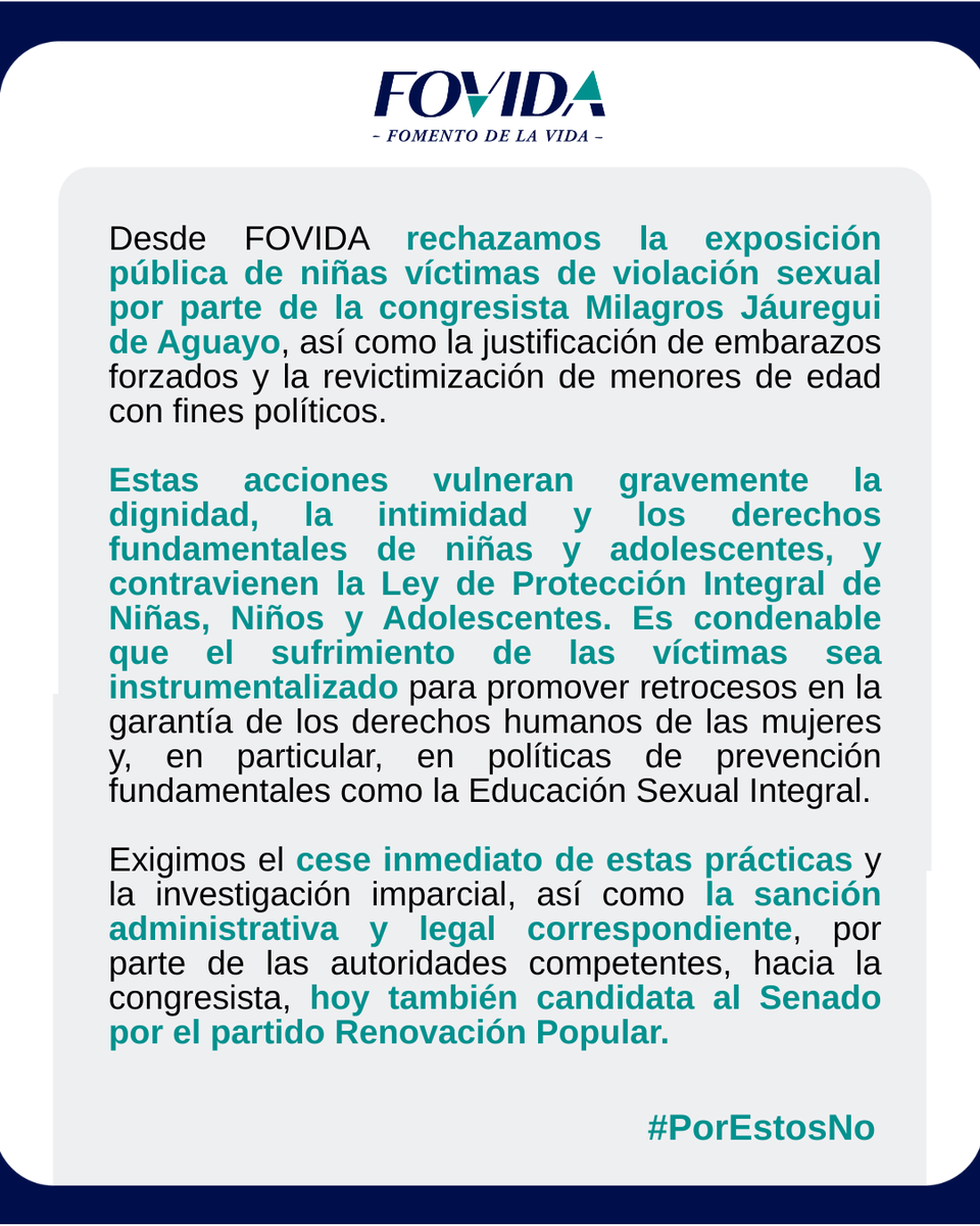 🚫 #NiñasNoMadres 
Rechazamos la exposición y revictimización de niñas víctimas de violación por la congresista Milagros Jáuregui, candidata al Senado por Renovación Popular. Justificar embarazos forzados vulnera su dignidad y derechos.

 #LasInfanciasNoSeUsan #PorEstosNO