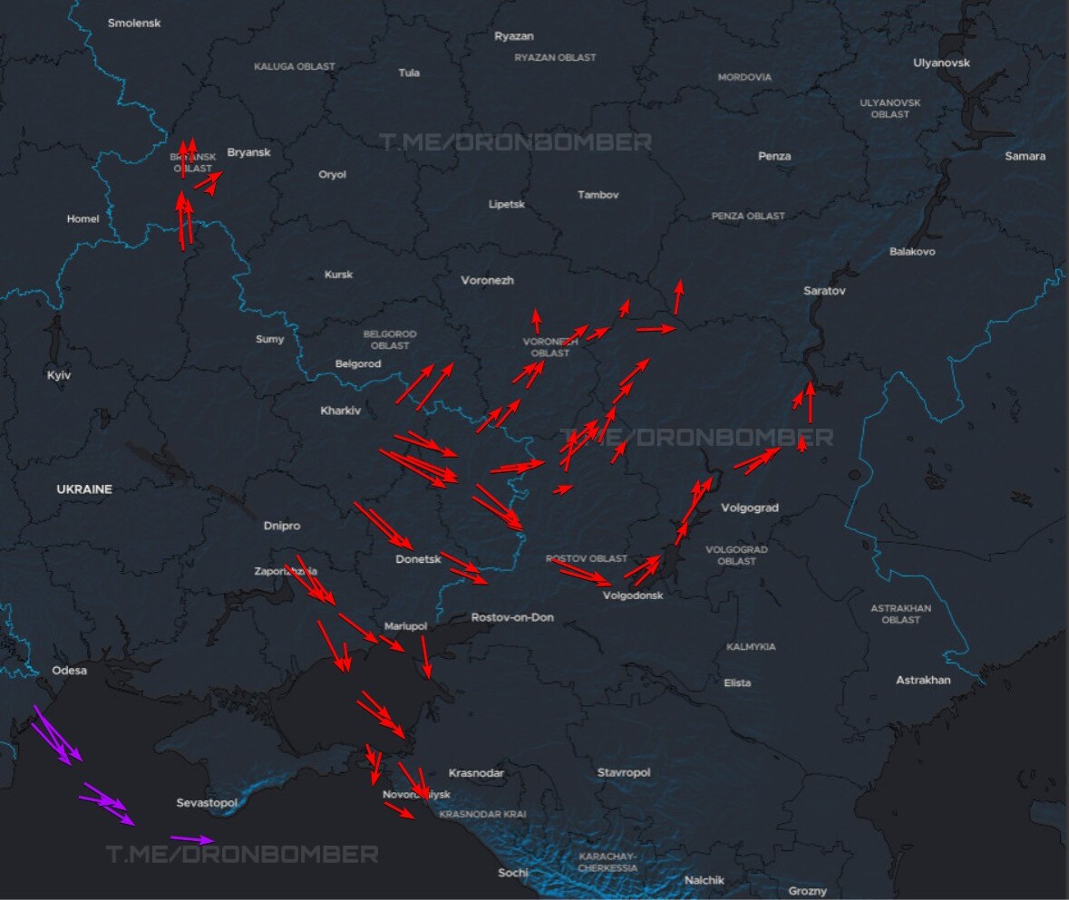 🇺🇦22:55 | 10/02

Approximate flight routes of our UAVs:

🔴Red arrow – directions of movement of strike UAVs;

🔵Purple arrow – directions of movement of unmanned surface vessels (USVs);

According to Russian sources, around 80 drones and 6 USVs were reported; however, these