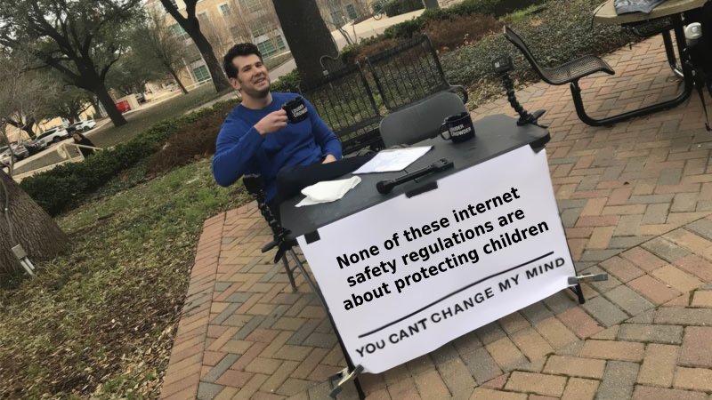 1/12 I have time today, so I just wanted to say that all this age verification bullshit to "Protect children" is an incredibly weak smokescreen to create digital IDs, deepen the surveillance state, and censor in real time. They do not want you informed. 

But why?