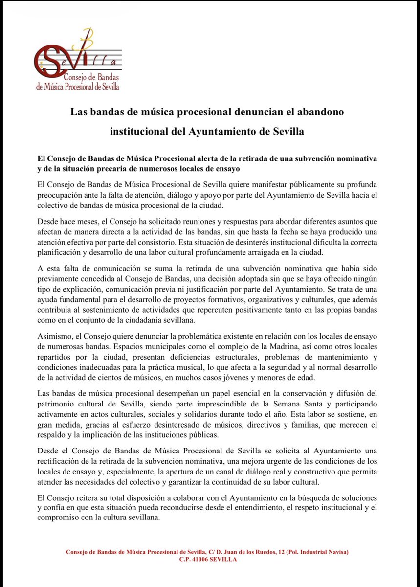 ConsejoBandas's tweet photo. 🔴 COMUNICADO.

Las bandas de música procesional denuncian el abandono institucional del Ayuntamiento de Sevilla. https://t.co/bw7ANvpHx7