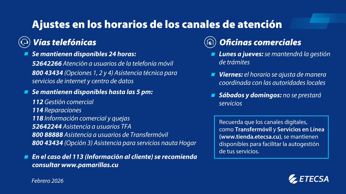 📢 La atención de nuestra empresa a los usuarios no se detiene.
📌 Conoce aquí los ajustes en los horarios ⏱️ de los diferentes canales y compártelo con tus conocidos👇
#EtecsaConCuba