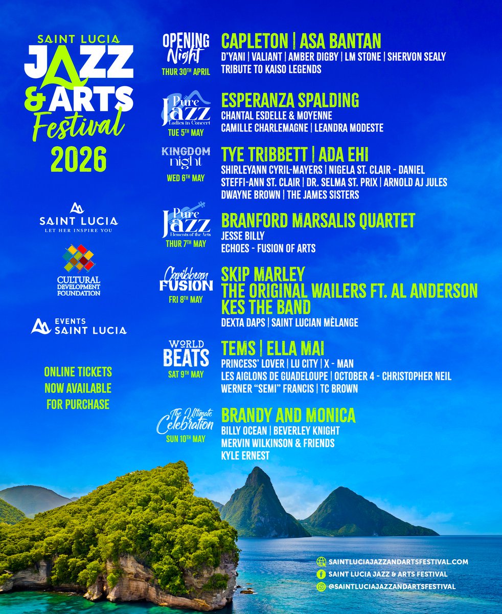 Travel_StLucia's tweet photo. 🌍 A global lineup. One extraordinary destination.
From jazz legends and iconic voices to reggae royalty and genre-defining artists, the Saint Lucia Jazz &amp; Arts Festival 2026 delivers ten days of iconic music.

🎟️ Tickets are now available on https://t.co/dWM9UZNiKX https://t.co/fUIsD6bDMY