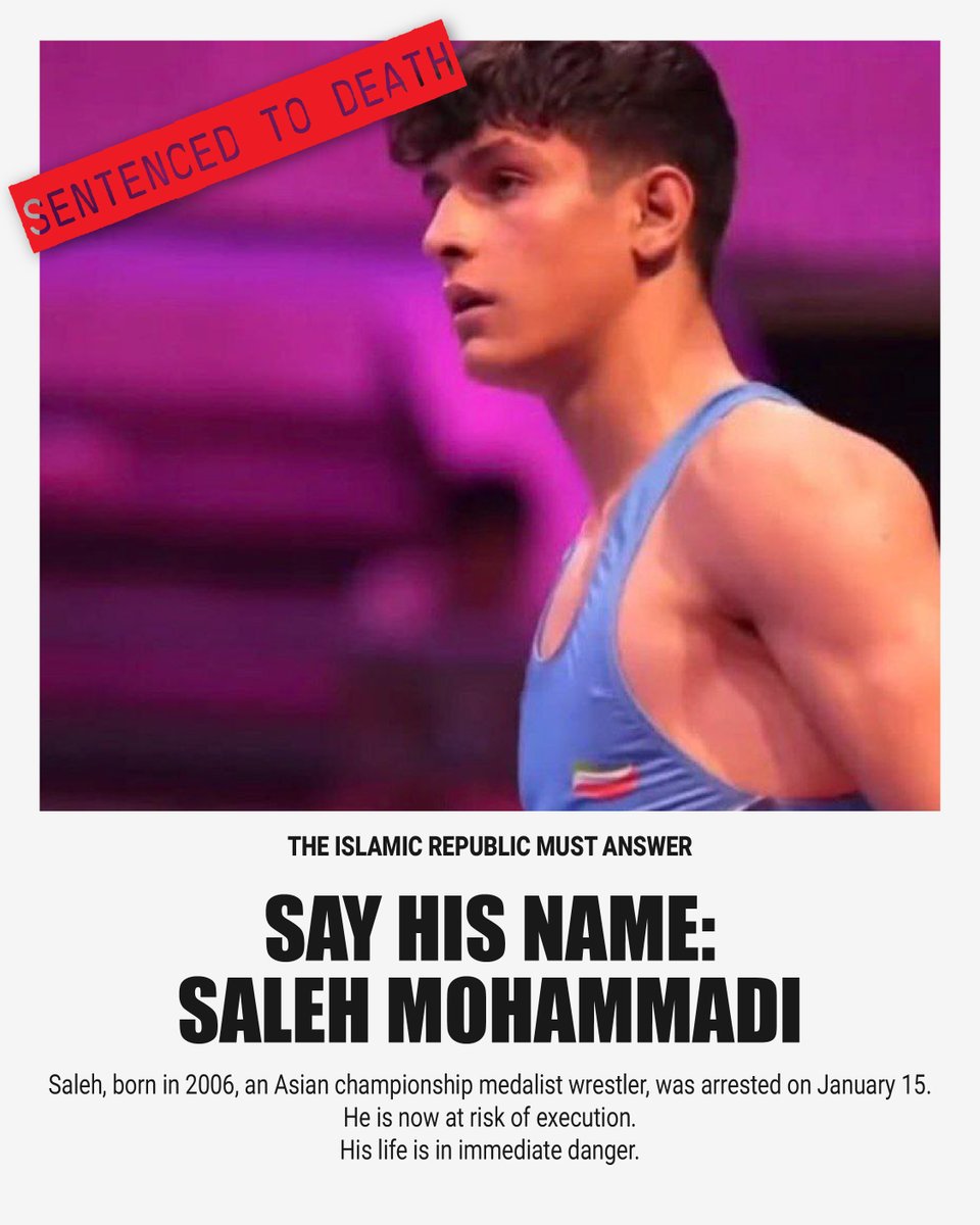 🚨فوری🚨  
طبق گزارش‌ها صالح محمدی برای اجرای حکم، به انفرادی منتقل شده.

URGENT  
Saleh Mohammadi, 20-year-old wrestler, has reportedly been transferred to solitary confinement in preparation for execution.  
#IranMassacre  
#صالح_محمدی