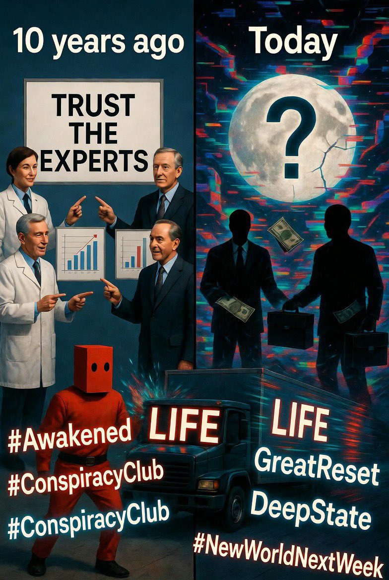 robrene's tweet photo. @AlpacaAurelius Haha, SAME! 10 years ago: “Trust the experts!” Today: “Experts are on payroll, and is the moon even real?!” Life’s red pill hits like a truck.
What woke YOU up? 🤯😂 #Awakened #ConspiracyClub https://t.co/SE8lObDP0D