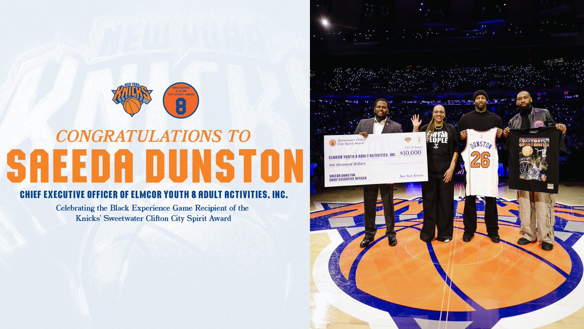 nyknicks's tweet photo. The Knicks and Wilson Chandler are proud to honor Saeeda Lesley Dunston, Chief Executive Officer @Elmcor with today's Sweetwater Clifton Award! Thanks to Nat “Sweetwater” Clifton’s grandson, Clifton Nathaniel and Queens Councilmember @TyHankerson for participating in this special recognition.