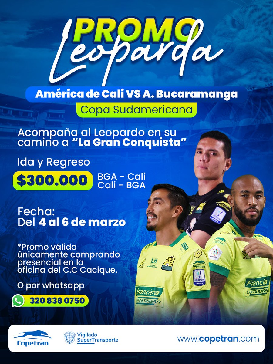 Copetranoficial's tweet photo. Queremos que todos los hinchas viajen y vivan la pasión del fútbol; por eso, tenemos una promoción extraordinaria para que disfrutemos juntos. ⚽️🏟️
Recuerda que esta promo es válida únicamente en nuestra oficina del @caciquecc o comunicándote a la línea 320 838 0750 📲🚎 https://t.co/oDZ5Cf703Q
