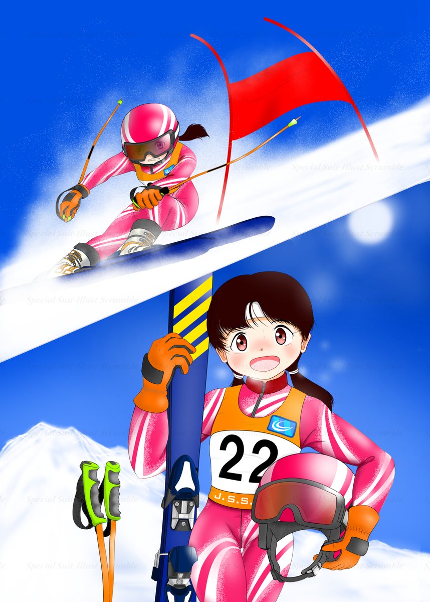 lg_breeze's tweet photo. 冬季五輪中なのでウィンタースポーツものを一つ。2023年2月、スーツ系合同誌『S-S-S Vol.22』に寄稿しました女子中学生スキーレーサーです。看板娘・三浦柚波の年下のいとこ（北海道在住）という設定で描きました。 https://t.co/QGEN5KNY7i