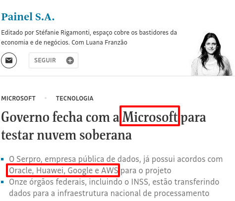 ayubio's tweet photo. Que conceito é esse de soberania de nosso governo federal que contrata Microsoft, Oracle, Huawei, Google e AWS para prover o serviço de "nuvem soberana"? É S-A-B-O-R soberana?