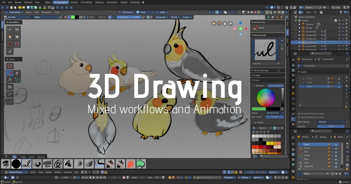 bforartists's tweet photo. Bforartists is about 3D Drawing. ✏️We tune the Grease Pencil interface to be accessible, with common editing and animation in a sidebar on hand, consistent controls in the header, and nodegroups modifiers with additional screen space stroke width for your drawings. https://t.co/1CovhslEtG