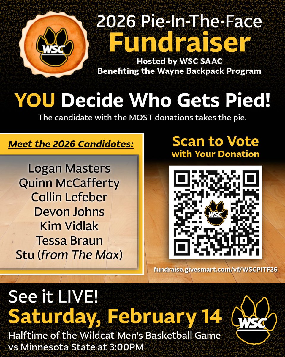 WSCSAAC's tweet image. THIS SATURDAY!! You decide who gets pied! Donate by scanning the QR code or using the link in bio. Help support the Wayne Backpack Program. Every donation helps 🖤💛🎒