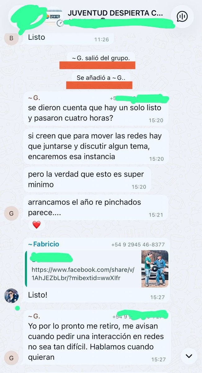 Guillermo ARANDA salió del grupo de Despierta Chubut porque no le ponen like a sus publicaciones 🤦‍♂️
Intentaron organizarse "PARA MOVER LAS REDES".
No para gestionar, no para dar soluciones. 
Para mover las redes 🤦‍♂️
El gobierno de Nacho Torres de tumbo en tumbo.