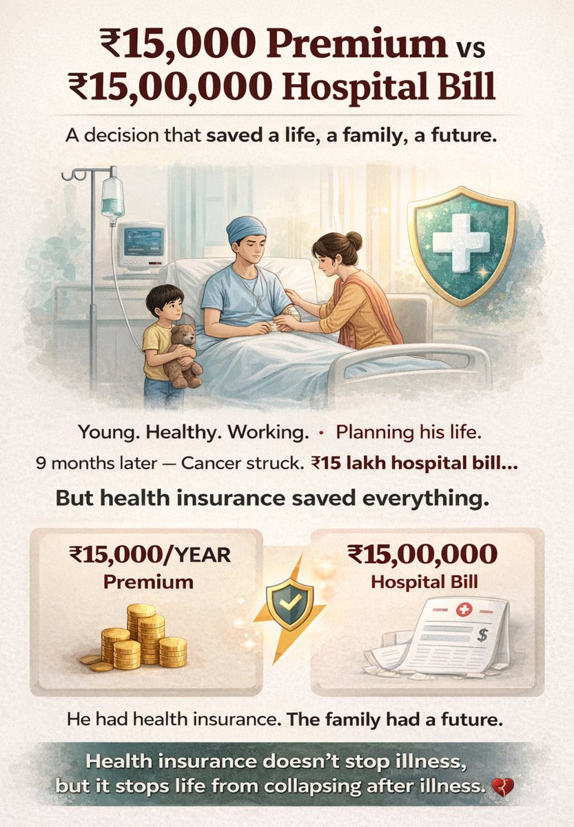 🚨🚨 ₹15,000 Premium vs ₹15,00,000 Hospital Bill 💔
 A decision that saved a life, a family, and a future. 

He was 31 years old. Young. Healthy. Working. Planning his life. 🌱 Like most people, he believed — “Serious illness happens to others.”
Still, he bought a