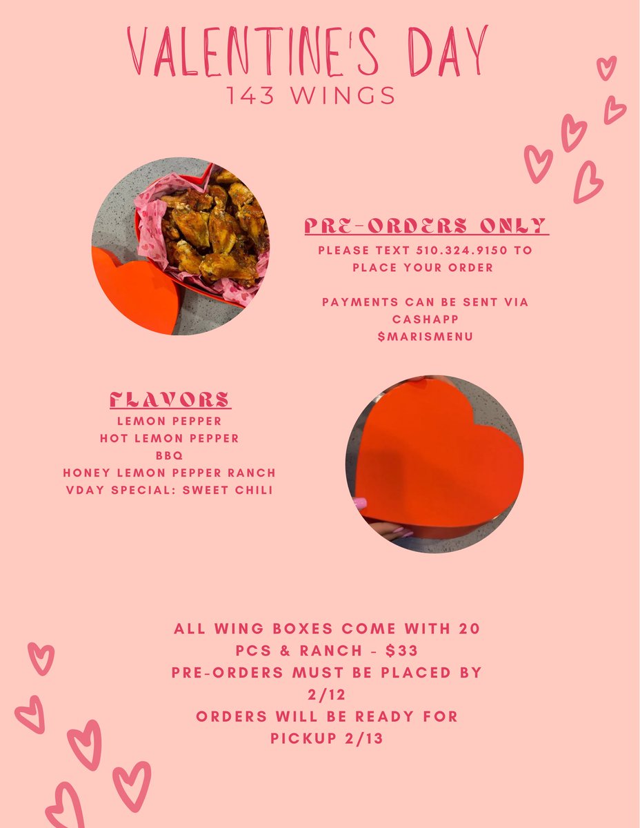 marismenu's tweet photo. PRE-ORDERS FOR WING HEART BOXES START TODAY! TEXT 510.324.9150 &amp; CASHAPP $MARISMENU TO PLACE YOUR ORDER, PICKUP IS ON 2/13 ❤️ https://t.co/VChfH7Glid