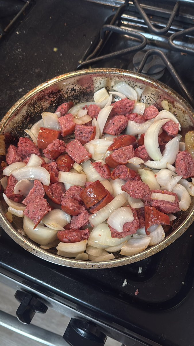 Beef links and onions, will pair this with cheese crushed chips and honey mustard in a bowl