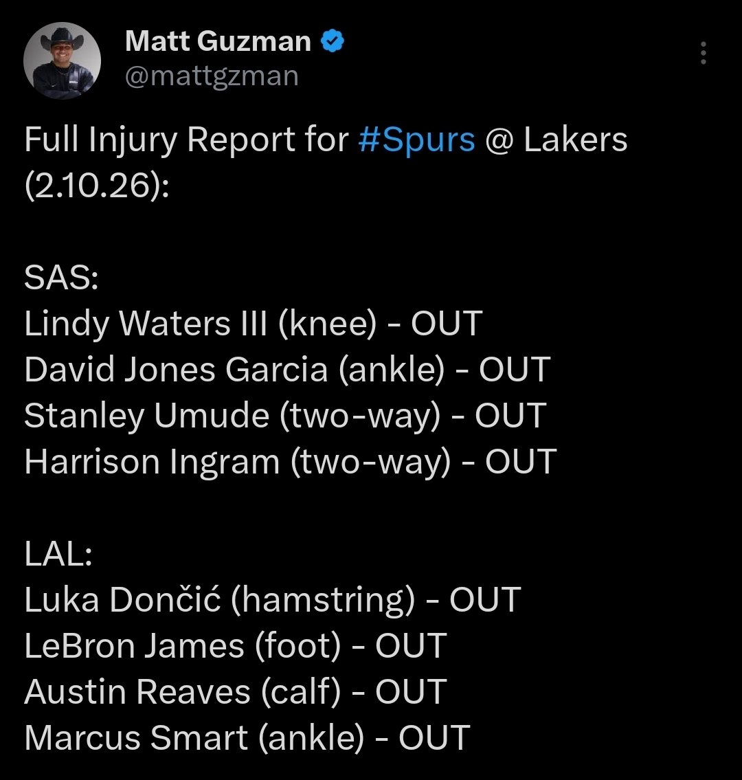 SpursCulture's tweet photo. Spurs have 4 players out, and Lakers have 4 players out 

Seems like a fair game to me, so no excuses 

(Via @mattgzman) https://t.co/OVS3RRpVfI