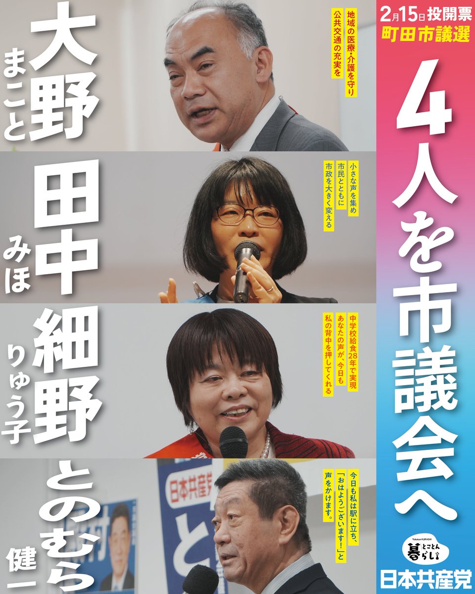 町田市議会議員選挙が行われています。

#日本共産党 からは、
#大野まこと
#田中みほ
#細野りゅう子
#とのむら健一
が立候補しています。

町田市ですすめられている、小中学校の統廃合。
３分の２の学校が対象となり、３分の１の学校を減らす計画です。