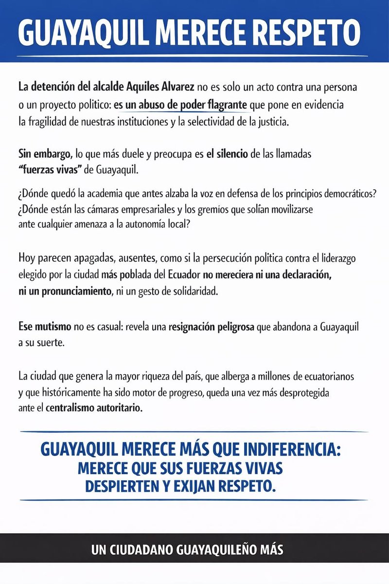 jandresgonz73's tweet photo. Guayaquil no merece este silencio cómplice. La detención del Alcalde Aquiles Alvarez revela la fragilidad de nuestras instituciones y la selectividad de la justicia, pero el silencio de las 'fuerzas vivas' de la ciudad duele más que la injusticia misma. #GuayaquilSeRespeta https://t.co/3JN0ZIKndC