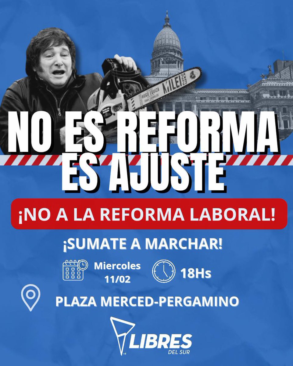 *En Pergamino, Mañana Miércoles a las 18 horas, todos y todas a la Plaza Merced* 0
 _NO AL AJUSTE-NO A LA REFORMA LABORAL-NO A LA PERDIDA DE DERECHOS DE LOS TRABAJADORESDesde el Movimiento Libres del Sur, convocamos a unirnos a las convocatorias de Jubilados en Lucha