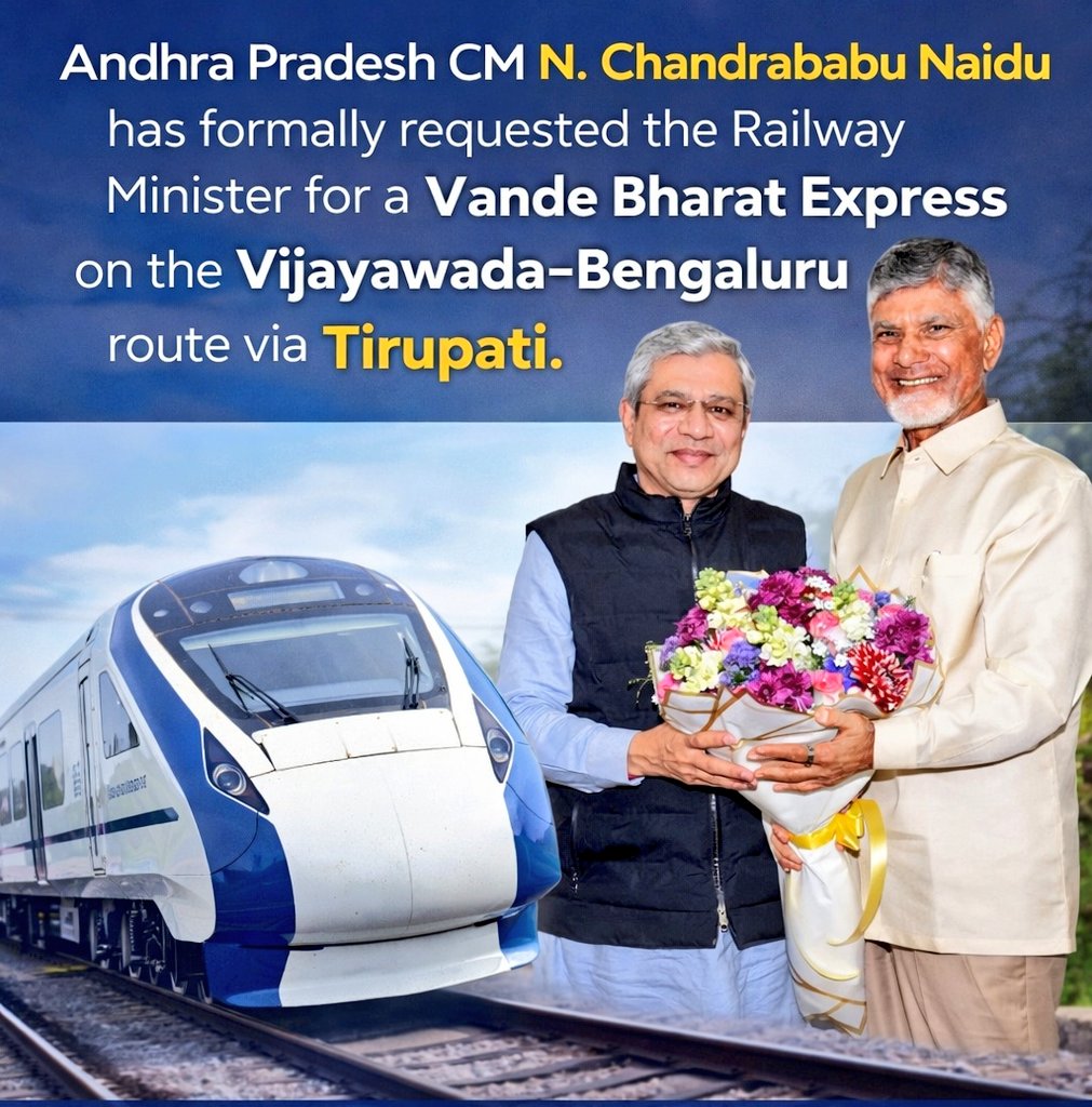 Andhra Pradesh CM has requested the Railway Minister to introduce a Vande Bharat Express on the high-demand Vijayawada–Bengaluru route via Tirupati.

With the CM pushing for it, the chances of this Vande Bharat getting approval have significantly increased