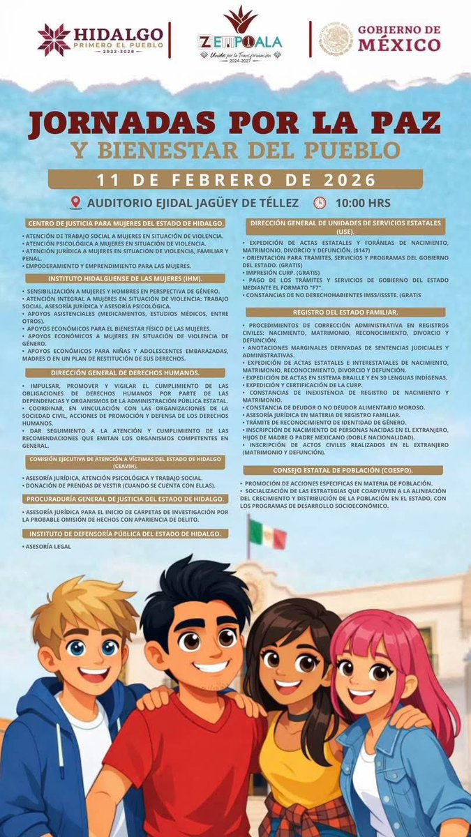 IvnZarco4's tweet photo. 📣 JORNADA POR LA PAZ‼️

📍Jagüey de Téllez, Zempoala.
📆 Miércoles 11 de febrero de 2026.
⏰ 10:00 hrs.

¡Los esperamos! 🫵🏻
#DejandoHuella
#JuventudQueTransforma https://t.co/AYkoy575kD