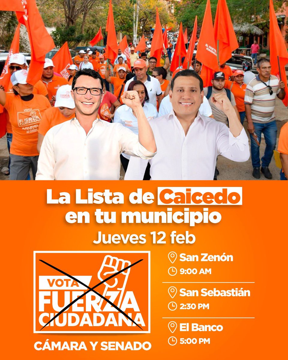 ¡Hola Sur del Magdalena!

Nos vemos este jueves 12 de febrero en San Zenón, San Sebastián de Buenavista y El Banco. 

La lista de Caicedo  a Cámara y Senado de Fuerza Ciudadana llega a tu municipio.

¡Los esperamos! 🧡