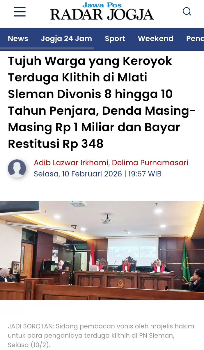 Udah ada vonisnya wehh😭 speechless akuu
Oiya mereka diminta mbayar biaya restitusi jugaa, itu Rp348 juta😇
Terus, buat 2 anak yang bawa sajam dihukum pidana 6 bulan...