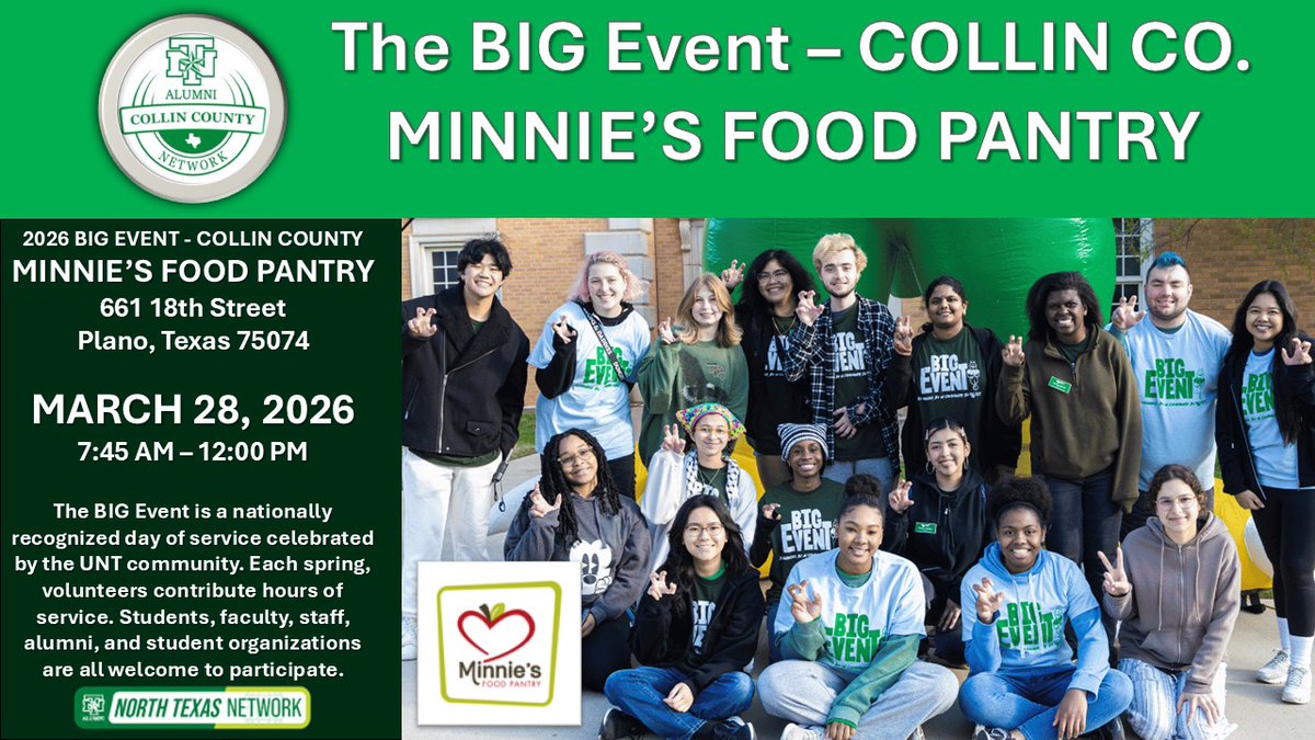 CollinUnt's tweet photo. UNT ALUMNI - We have a total of 15 spots available to volunteer for The BIG Event from within Collin County!  Go to:  https://t.co/FvpZ92TuyC
Select that you will volunteer in DFW with local Alumni Networks, then select Collin County - Minnie's Food Pantry on the subsequent page. https://t.co/WEjhkeqxuW